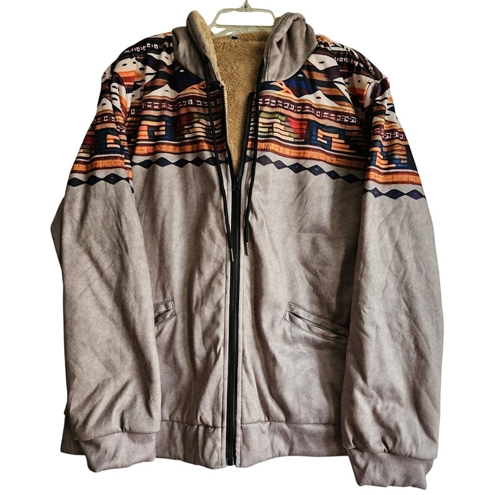 Southwestern Aztec Rustic Sherpa Lined Zip Up Hooded Jacket Mens XL Brown Tribal